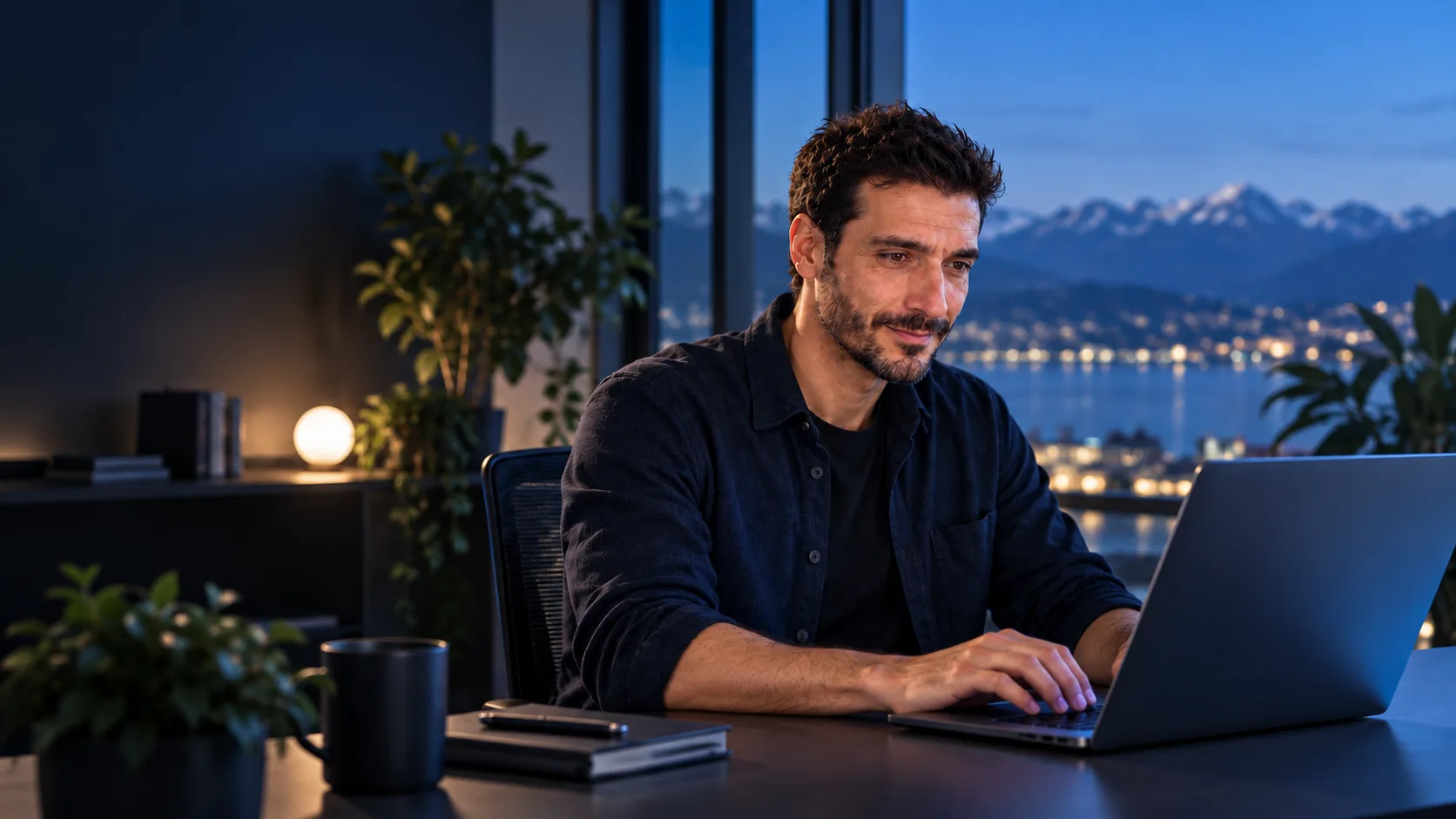 Cyril Suzat travaillant sur son ordinateur, avec le Léman en arrière-plan