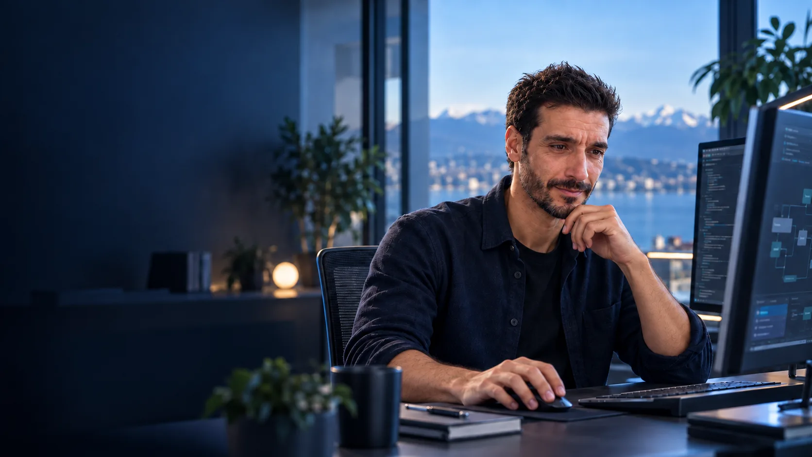 Cyril travaillant à son bureau devant le Léman